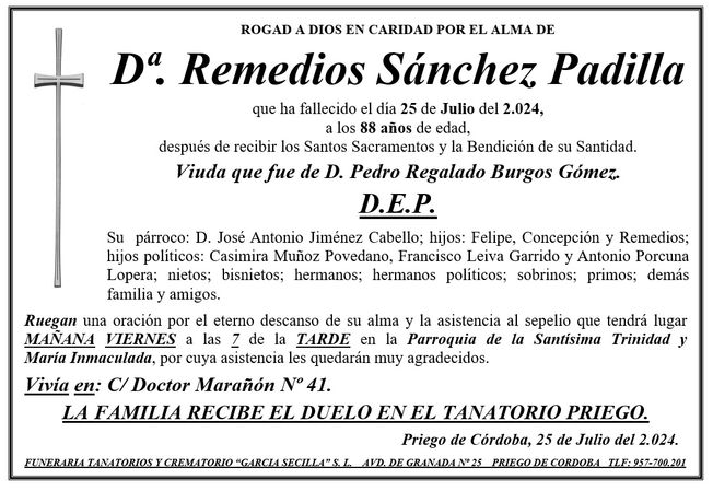 SEPELIO DE Dª REMEDIOS SÁNCHEZ PADILLA