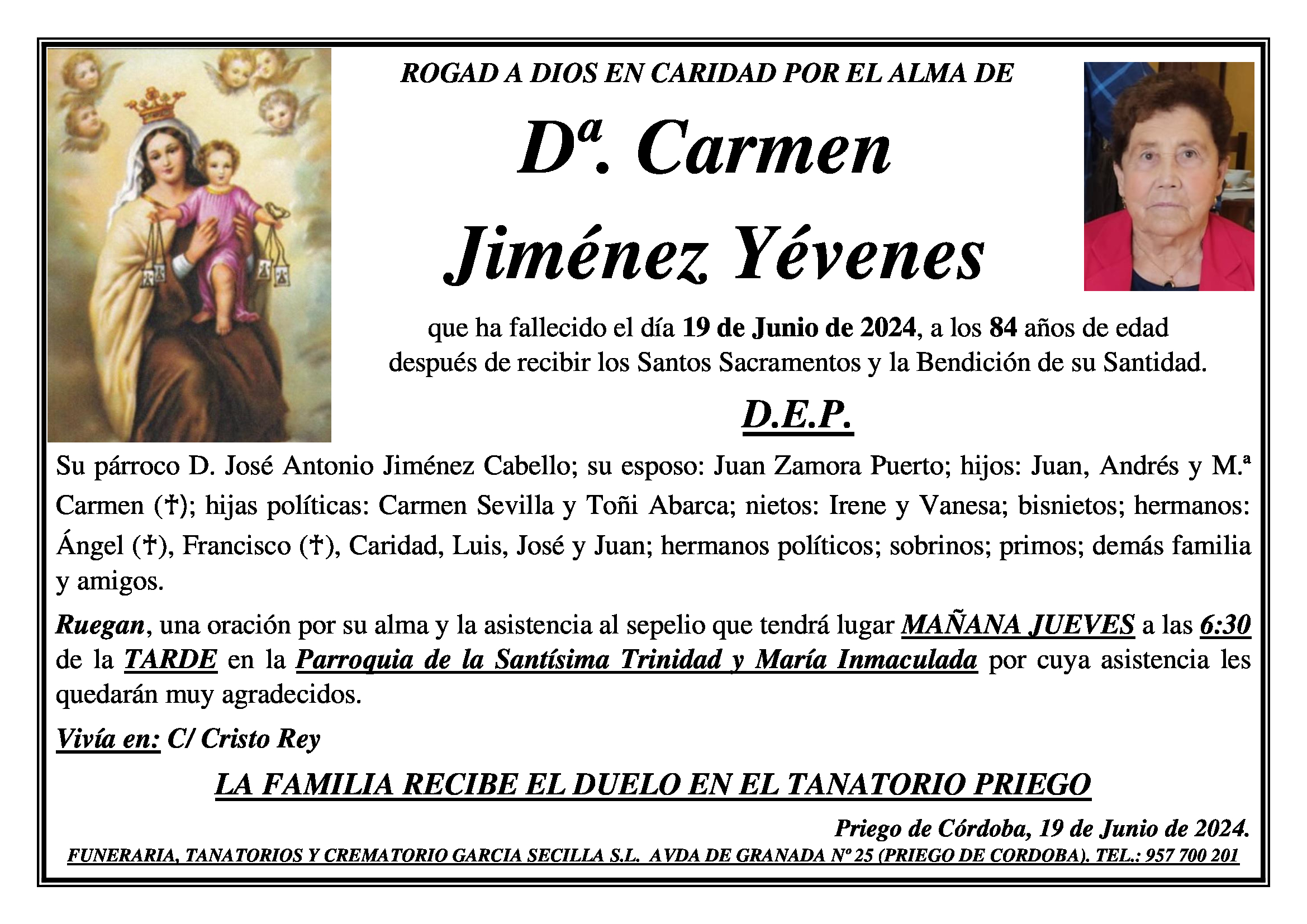 SEPELIO DE Dª CARMEN JIMÉNEZ YÉVENES
