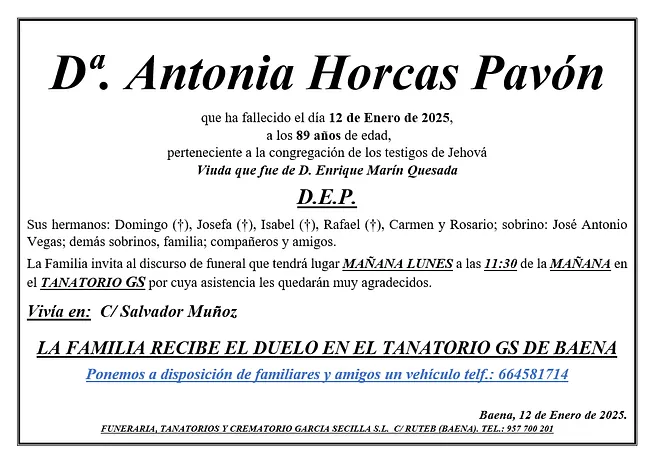 SEPELIO DE Dª ANTONIA HORCAS PAVON