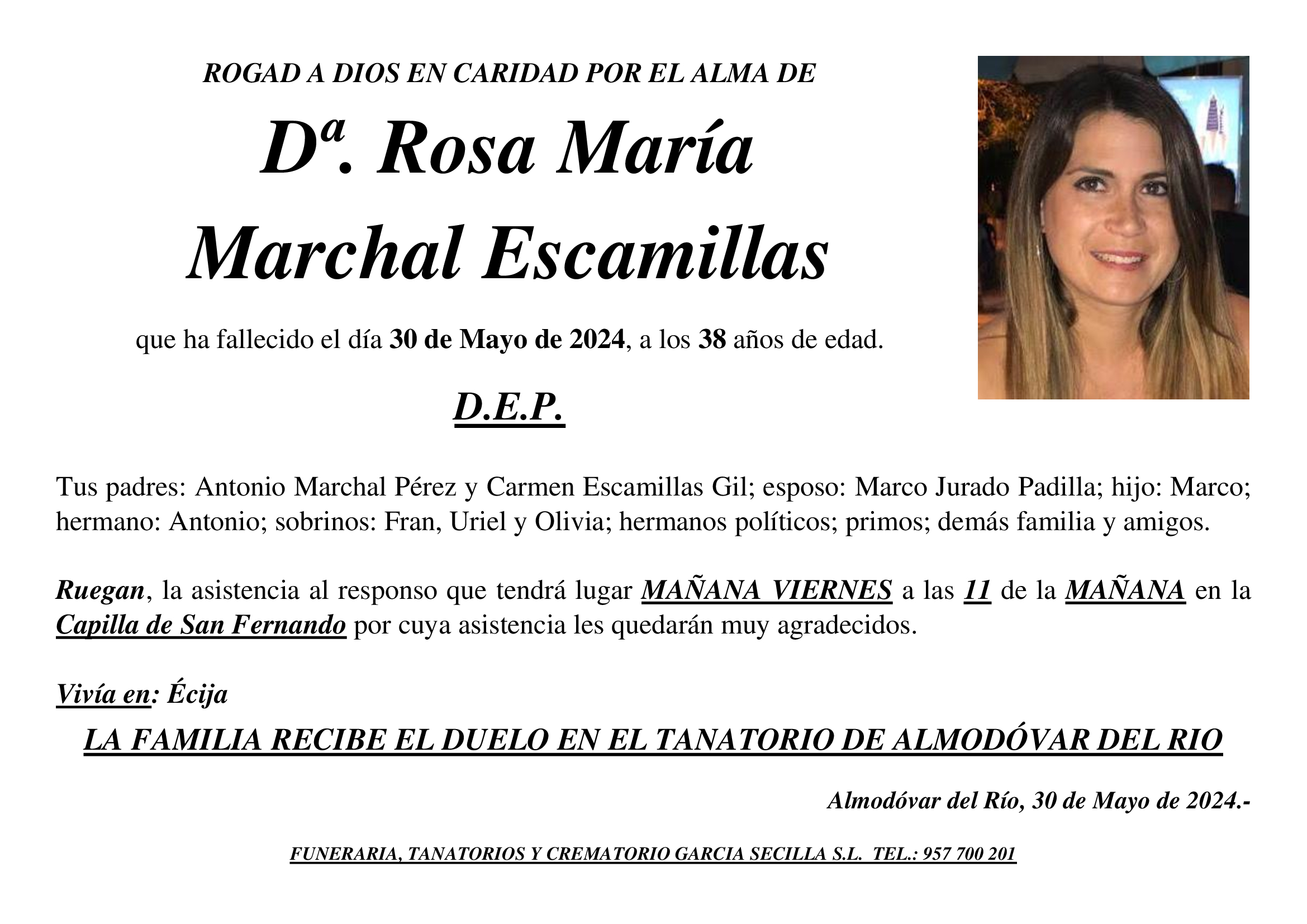 SEPELIO DE Dª ROSA Mª MARCHAL ESCAMILLAS