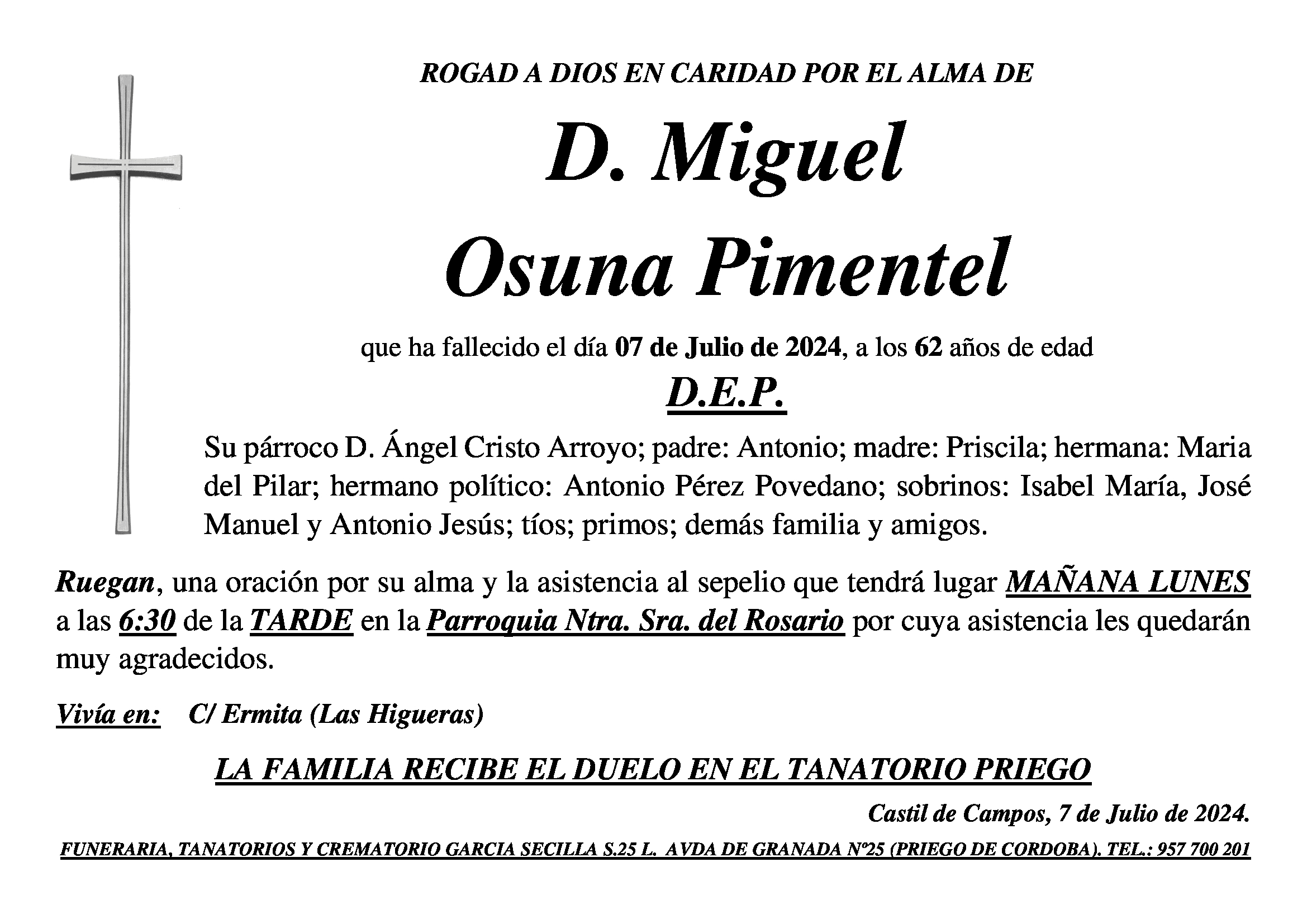 SEPELIO DE D. MIGUEL OSUNA PIMENTEL