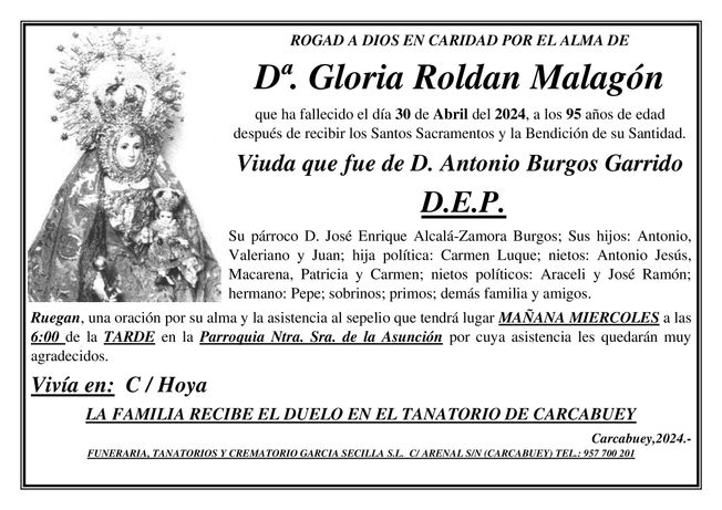 SEPELIO DE Dª GLORIA ROLDAN MALAGÓN