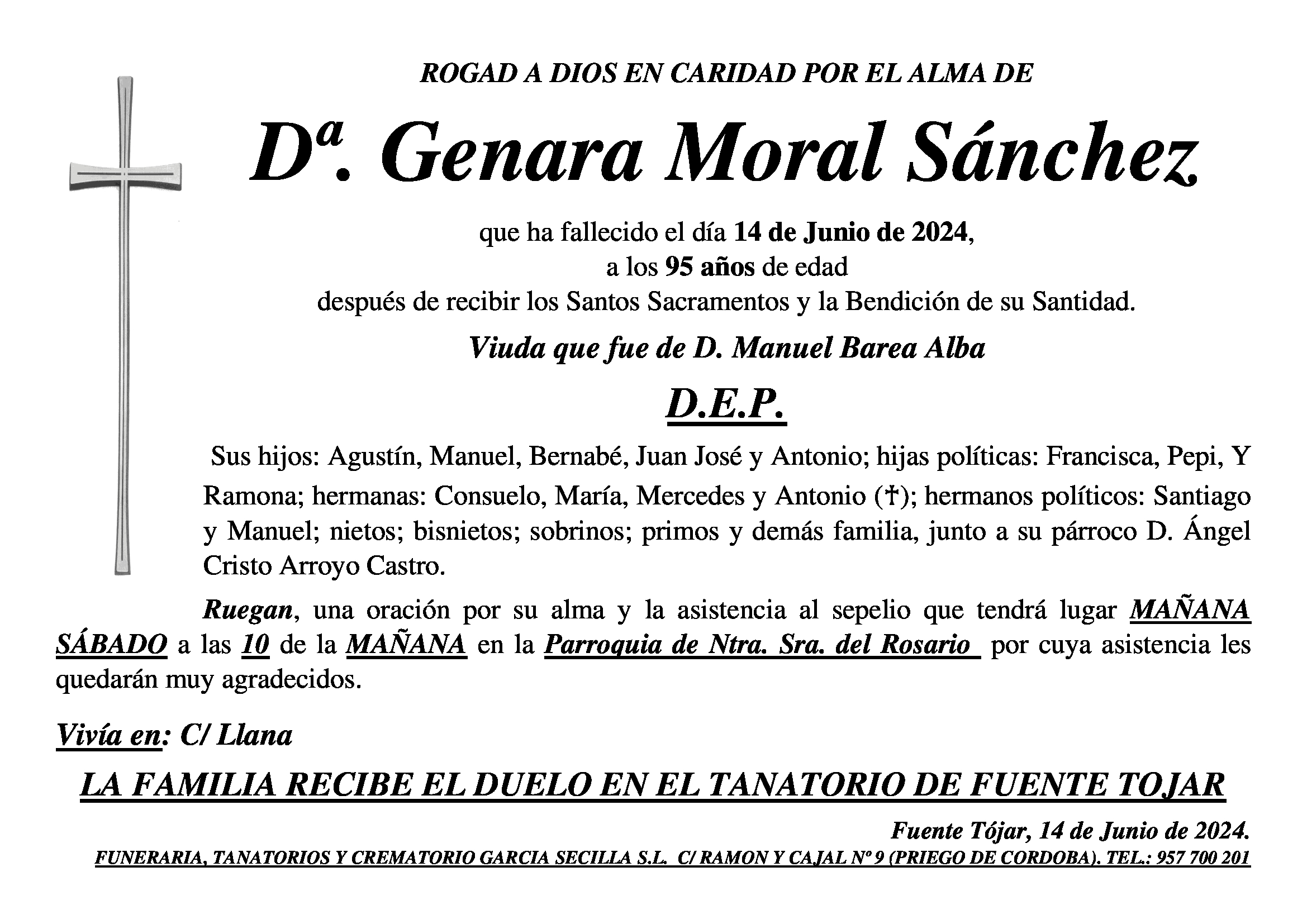 SEPELIO DE Dª GENARA MORAL SANCHEZ