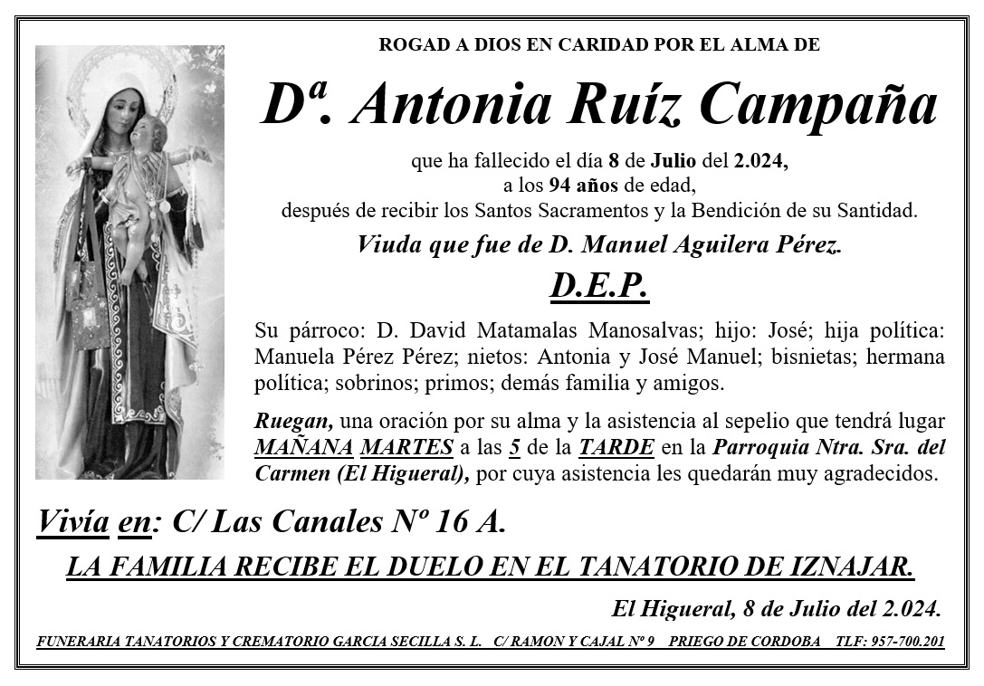 SEPELIO DE Dª ANTONIA RUIZ CAMPAÑA