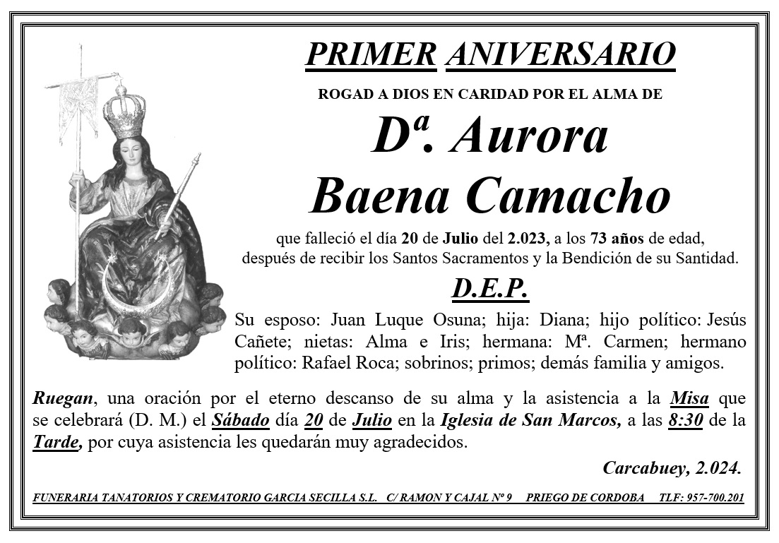 MISA PRIMER ANIVERSARIO DE Dª AURORA BAENA CAMACHO