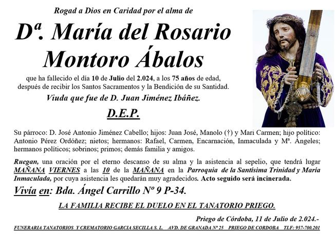 SEPELIO DE Dª MARÍA DEL ROSARIO MONTORO ÁBALOS