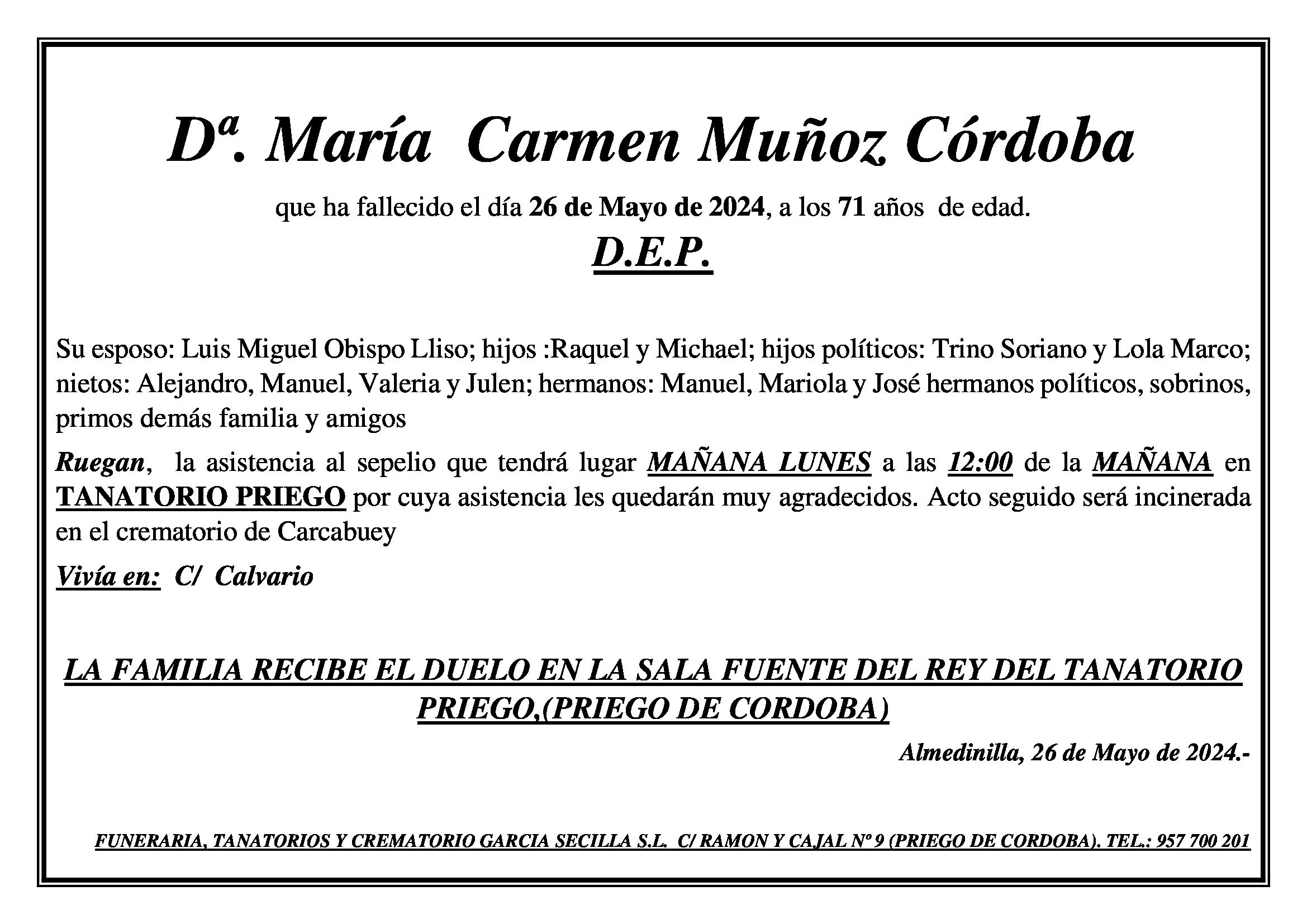 SEPELIO MARIA CARMEN MUÑOZ CORDOBA