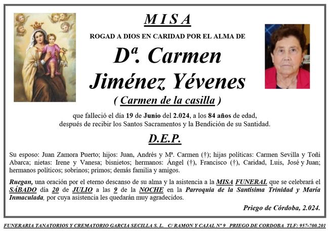 MISA DE Dª CARMEN JIMÉNEZ YÉVENES